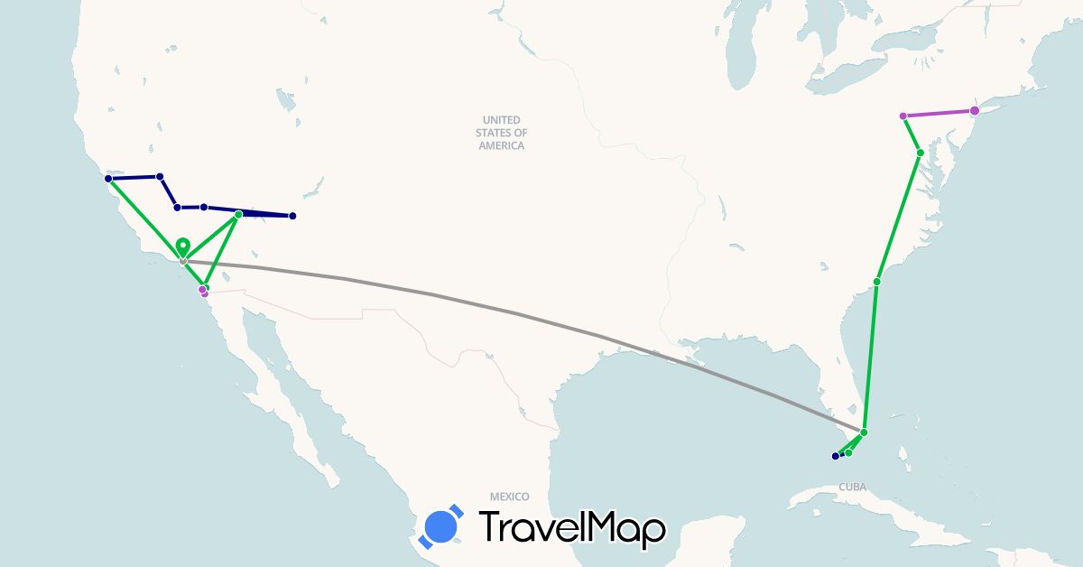 TravelMap itinerary: driving, bus, plane, train in Mexico, United States (North America)